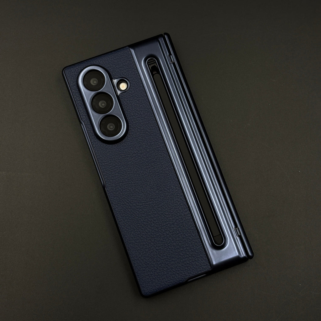 Hinge Leather Texture & Camera Protection Case With Pen Side ( With Front Glass )