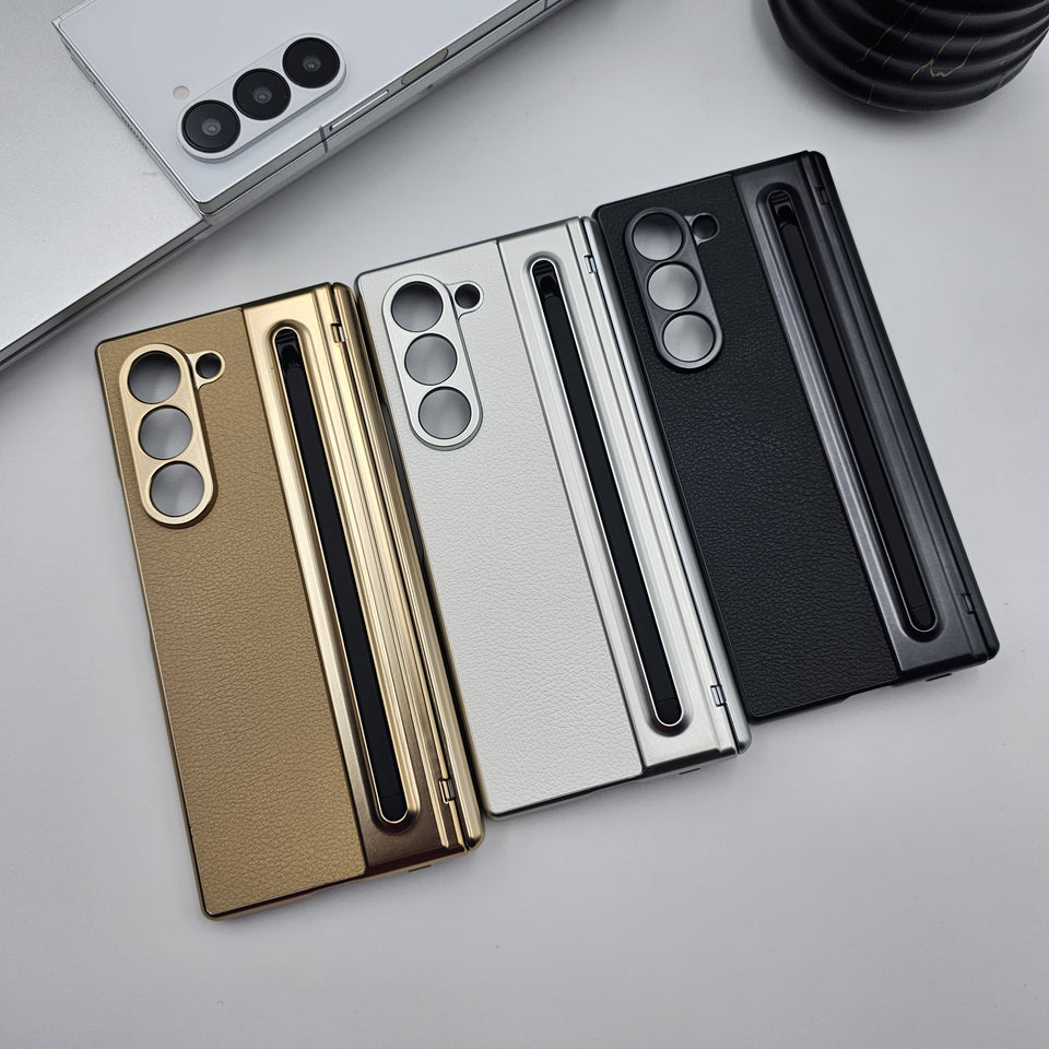 Hinge Leather Texture & Camera Protection Case With Pen Side ( With Front Glass )
