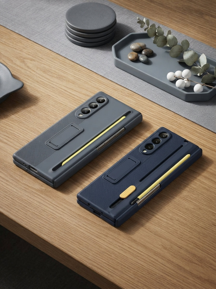 A premium slim leather phone case with a metallic bumper and an integrated stylus pen resting on a clean, warm-toned surface.